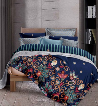 ORKA HOME Monalisa Queen Bed Sheet Poly Cotton Printed Floral Blue  