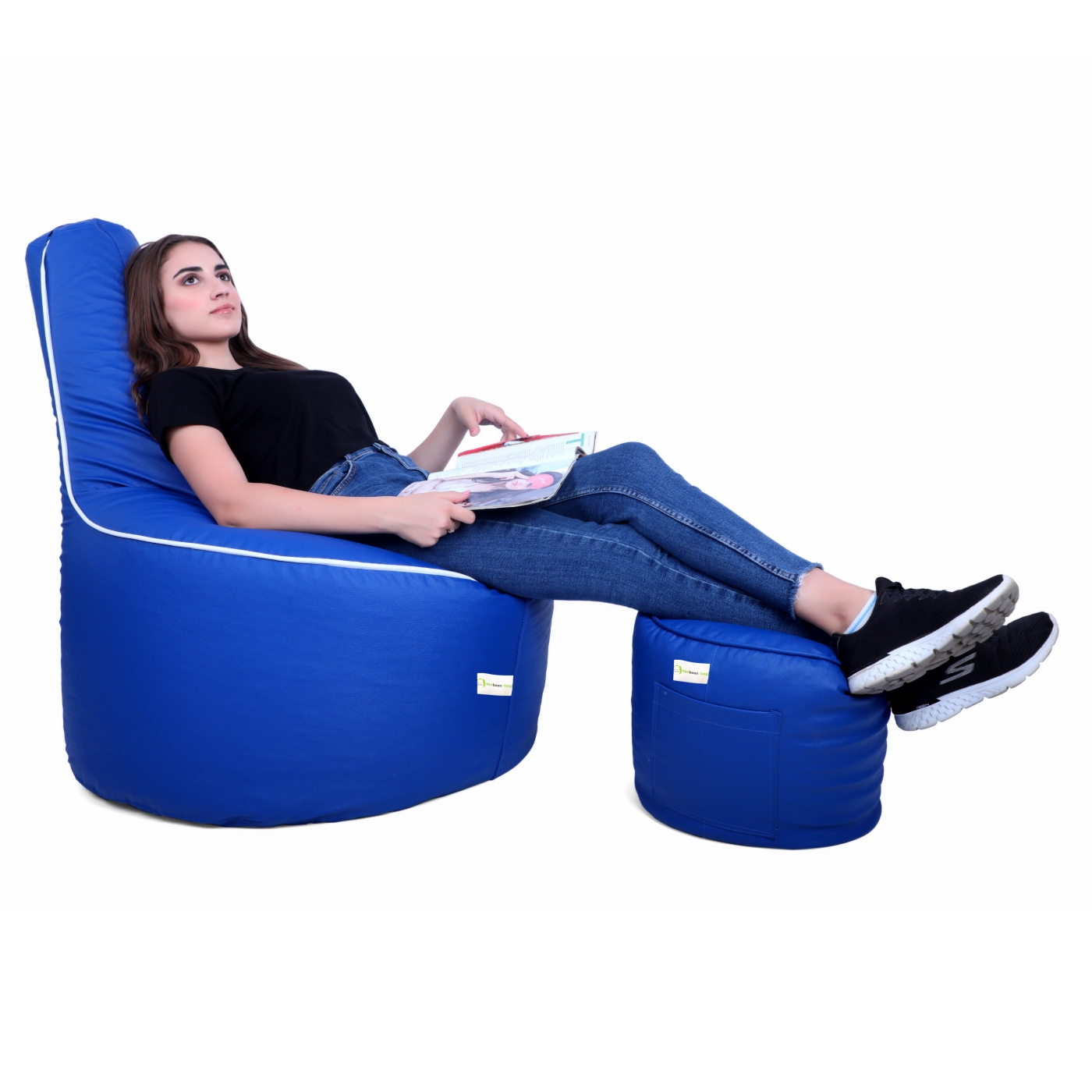 Can Bean Bags Teardrop Chair Blue With White Piping  