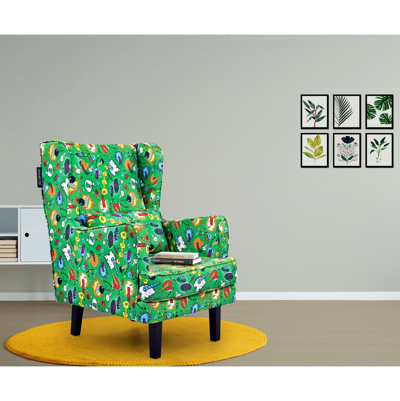 PRIMROSE Comic Boom Digital Printed Faux Linen Fabric High Back Wing Chair Combo (2 Chair+1 Ottoman) - Green  