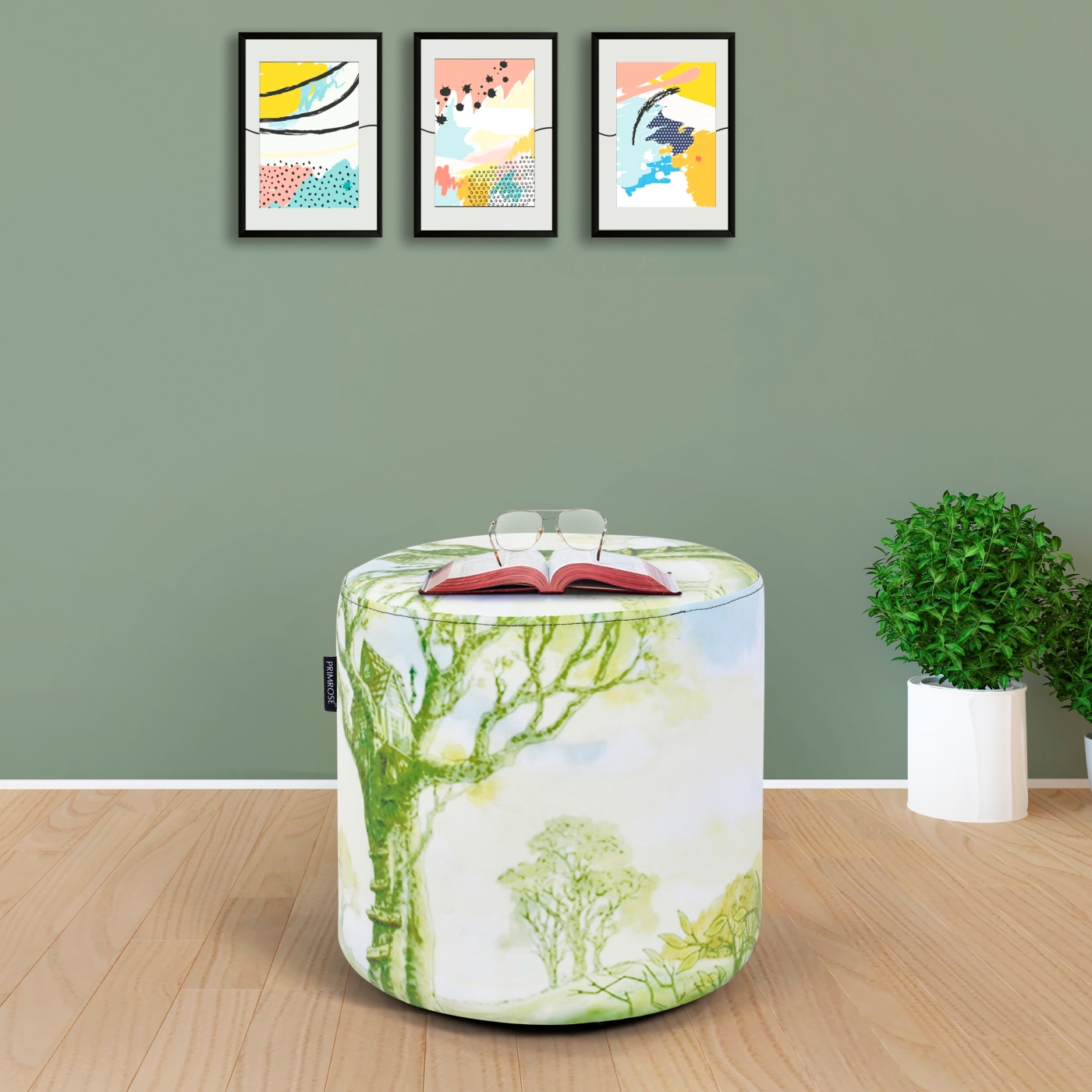 PRIMROSE Cottage Forest Digital Printed Art Leather Ottoman 16.5 X 16.5 Inch - Green, White  