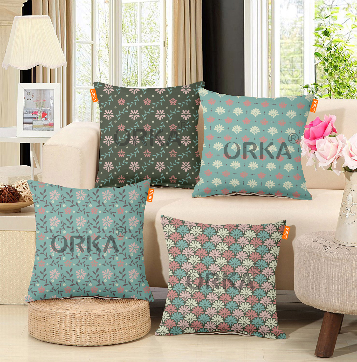 ORKA Set Of 4 Digital Printed Cushion  Flower Theme  