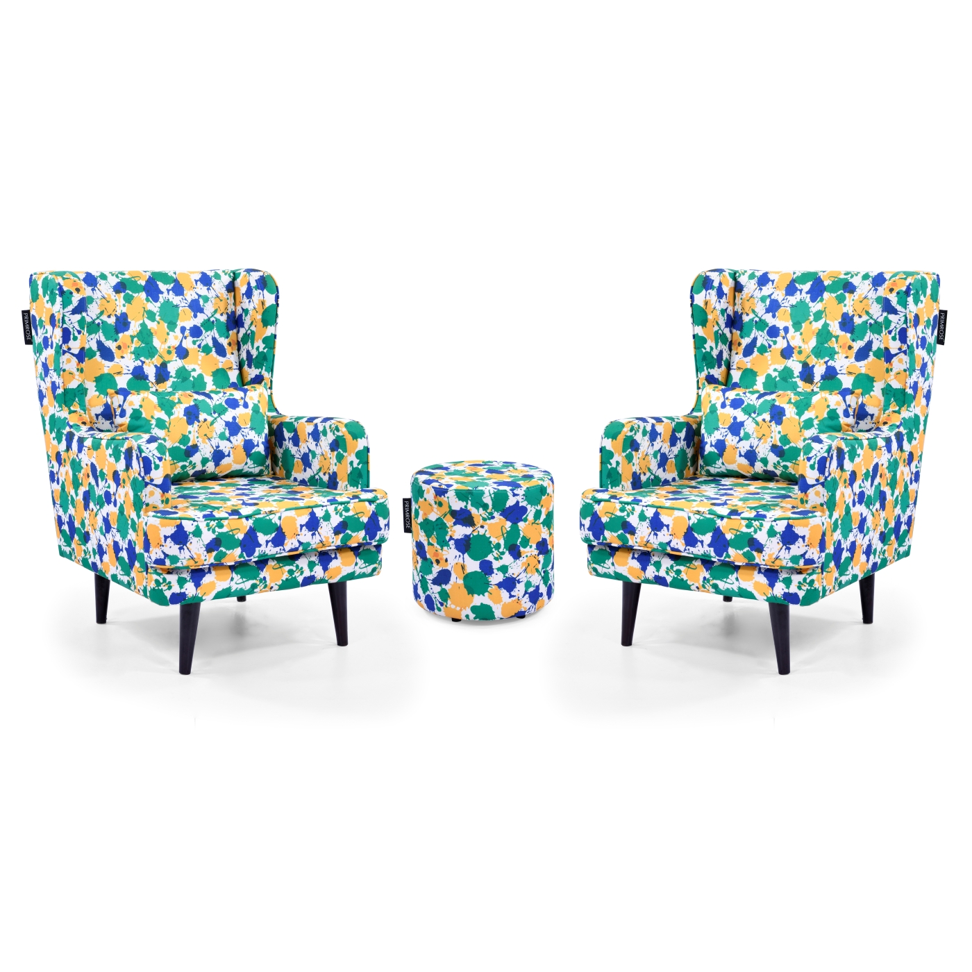 PRIMROSE Splash Flower Digital Printed Faux Linen Fabric High Back Wing Chair Combo (2 Chair+1 Ottoman) - Green, Yellow  