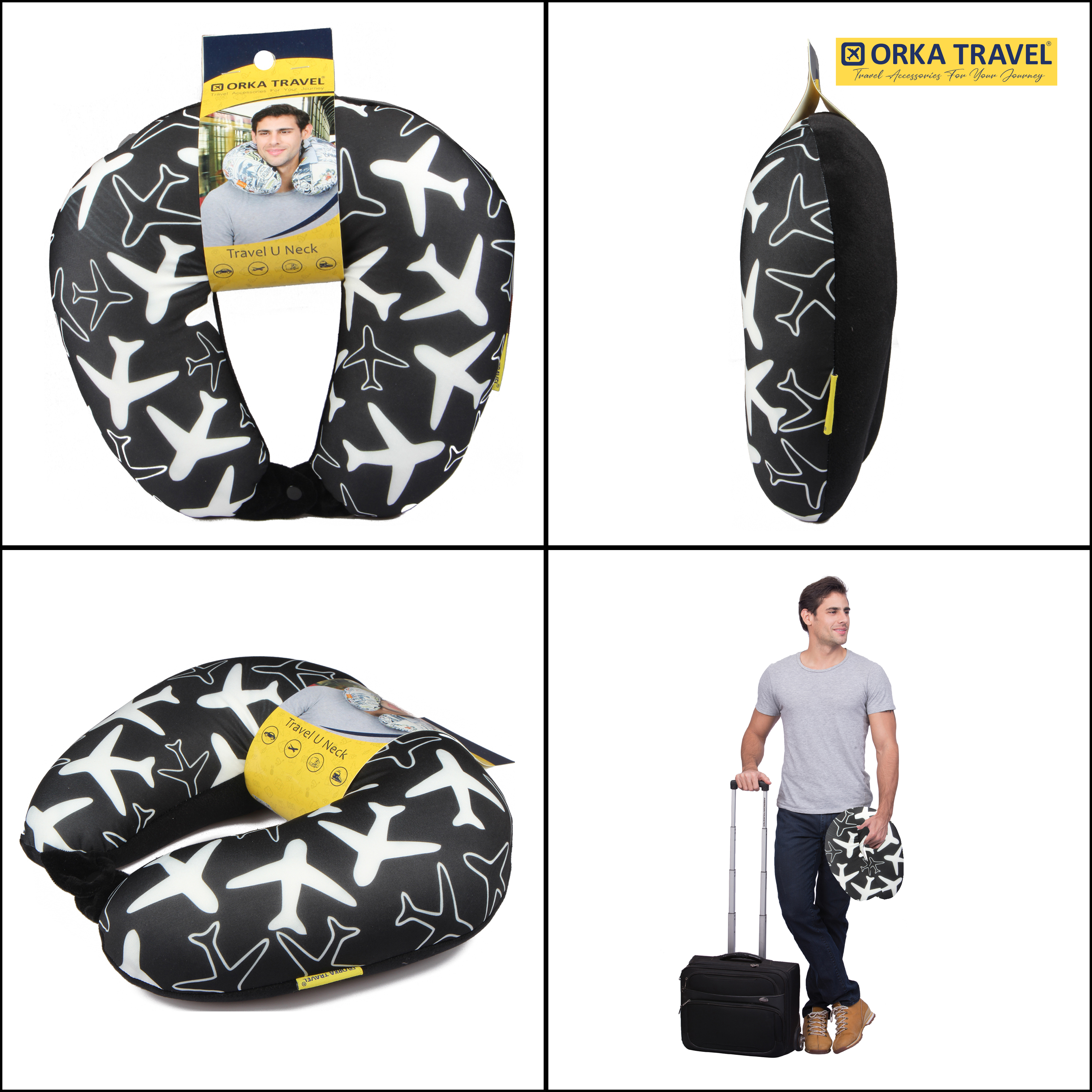 ORKA Travel Digital Printed Spandex With Micro Beads Travel U Neck Pillow  Black Aeroplane  