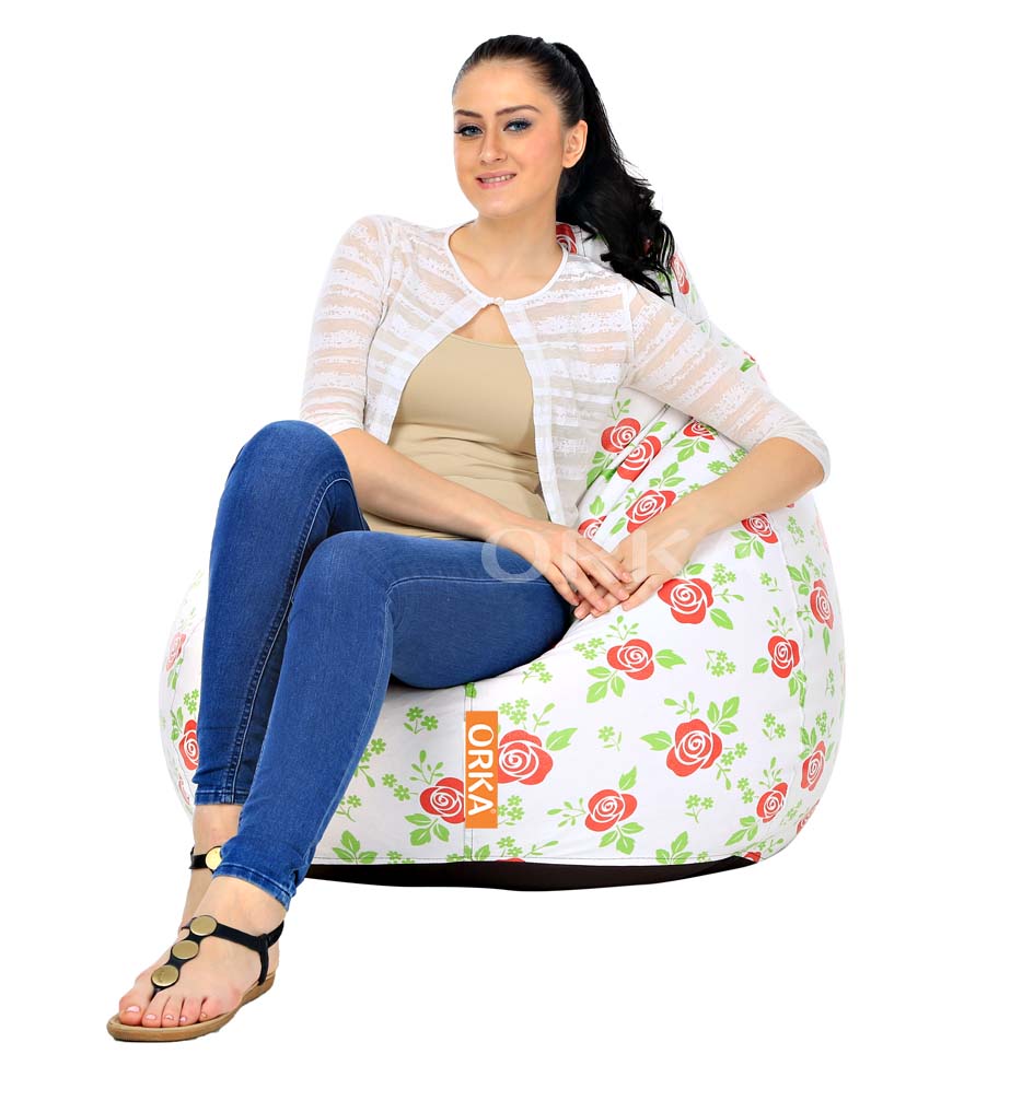 Orka Digital Printed White Bean Bag Rose Theme  