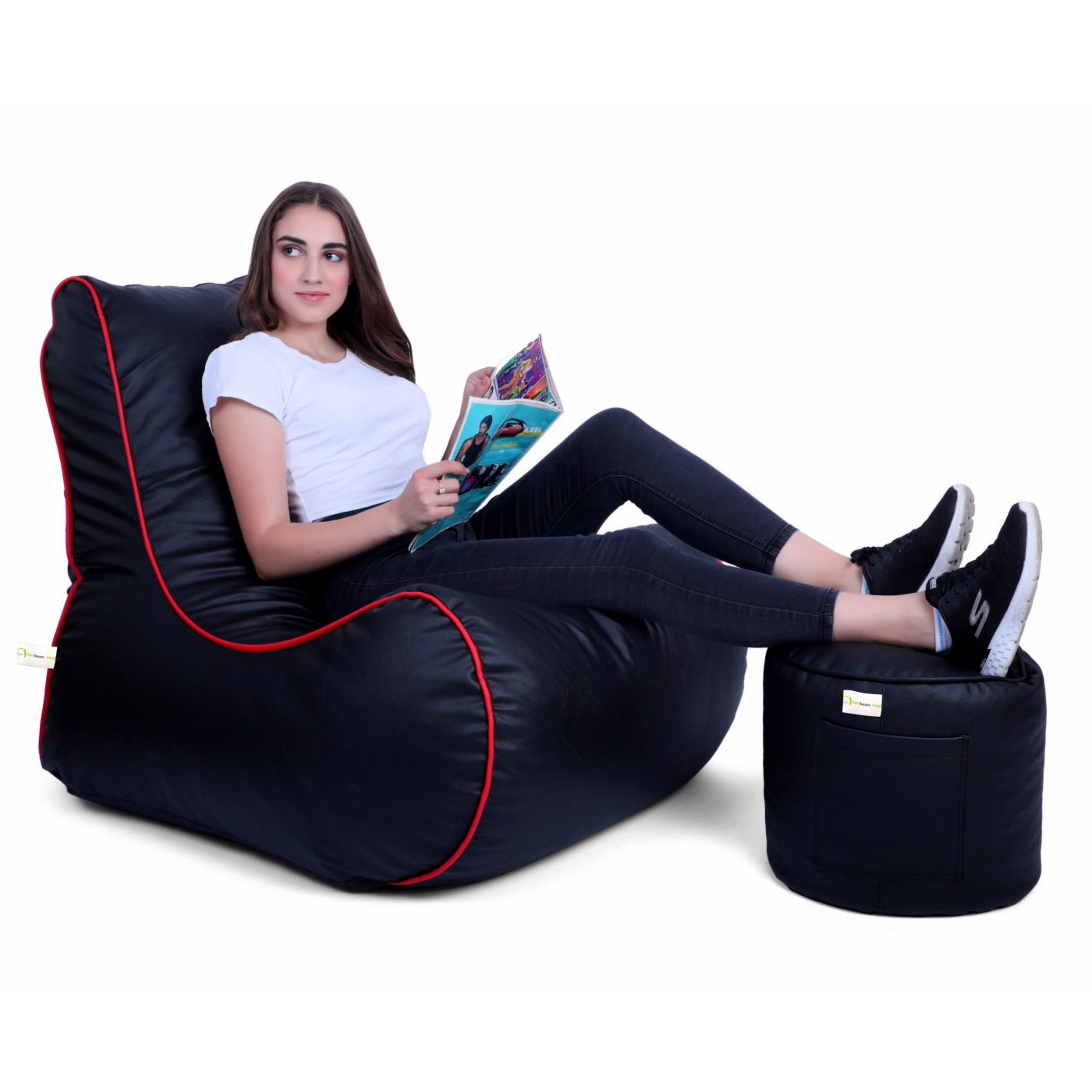Can Bean Bags Curve Lounger With Red Piping Black  