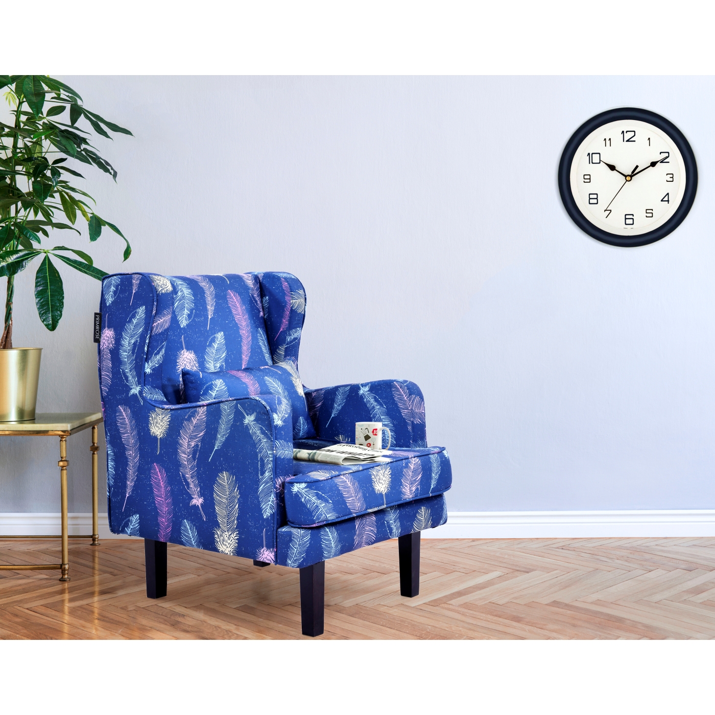 PRIMROSE Dream Feature Digital Printed Faux Linen Fabric High Back Wing Chair - Blue  