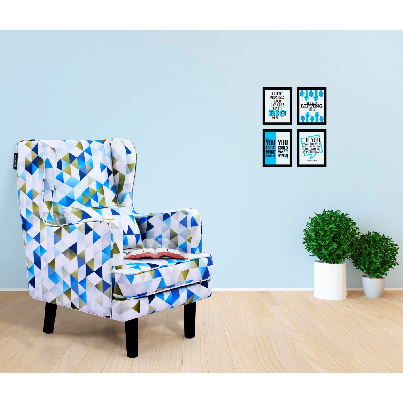 PRIMROSE Abstract Triangle Digital Printed Faux Linen Fabric High Back Wing Chair Combo (2 Chair+1 Ottoman) - White, Blue  