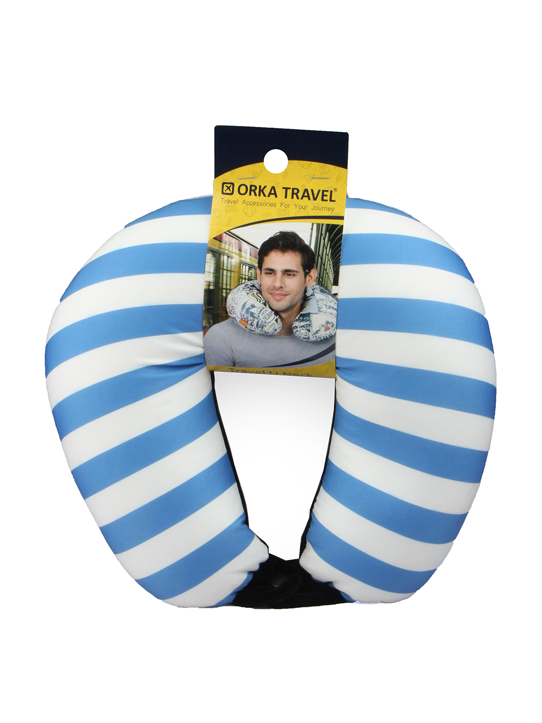 ORKA Travel Digital Printed Spandex With Micro Beads Travel U Neck Pillow   Blue Stripes  