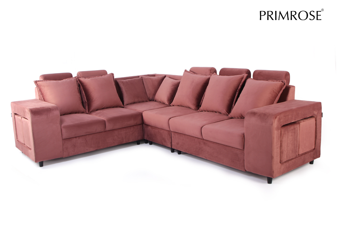 PRIMROSE Amanda Holland Fabric 2+2+1+C Sofa, L Shaped With Corner, Color- Rose Gold 