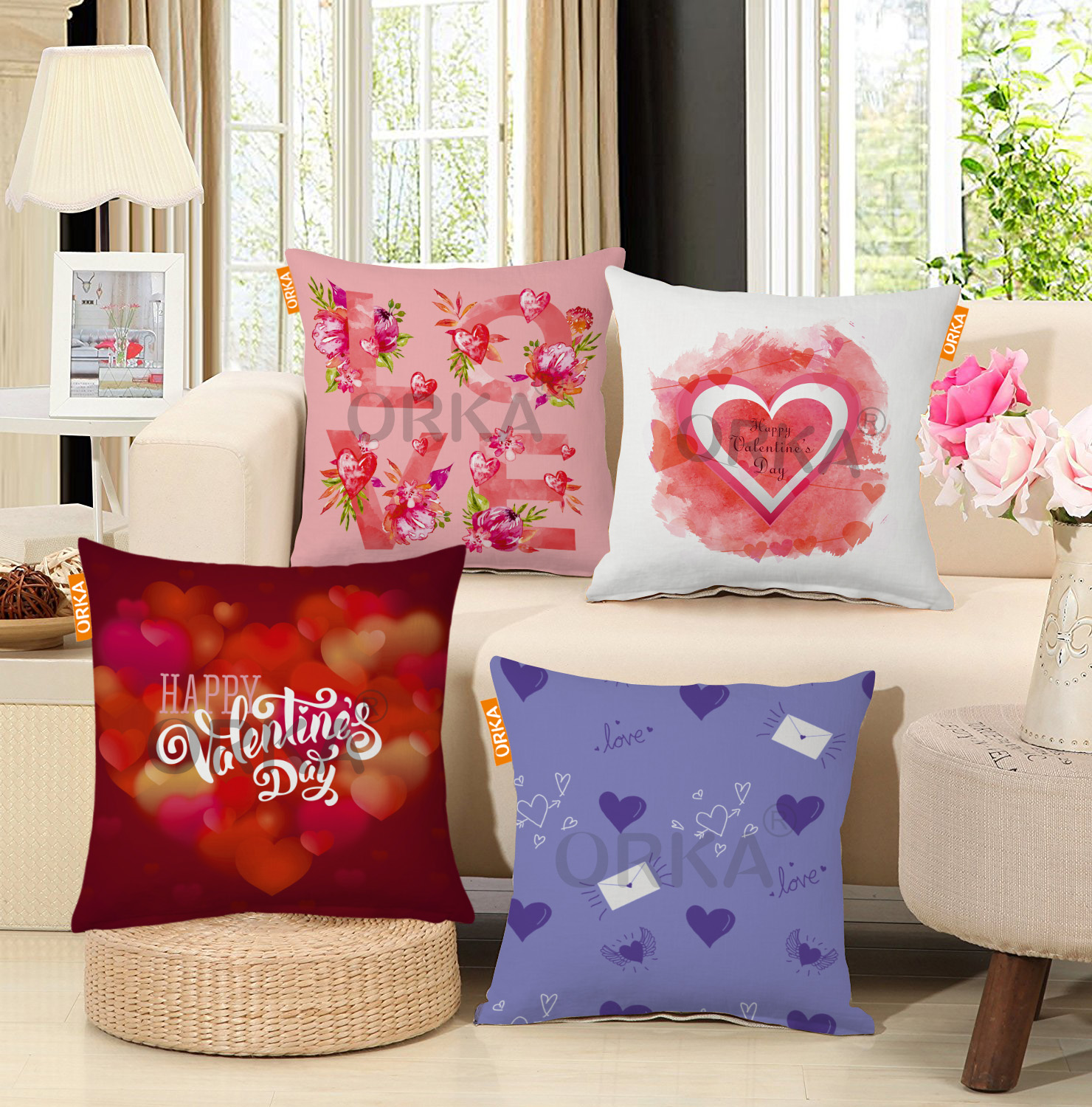 ORKA Set Of 4 Valentine Theme Digital Printed Cushion 3  