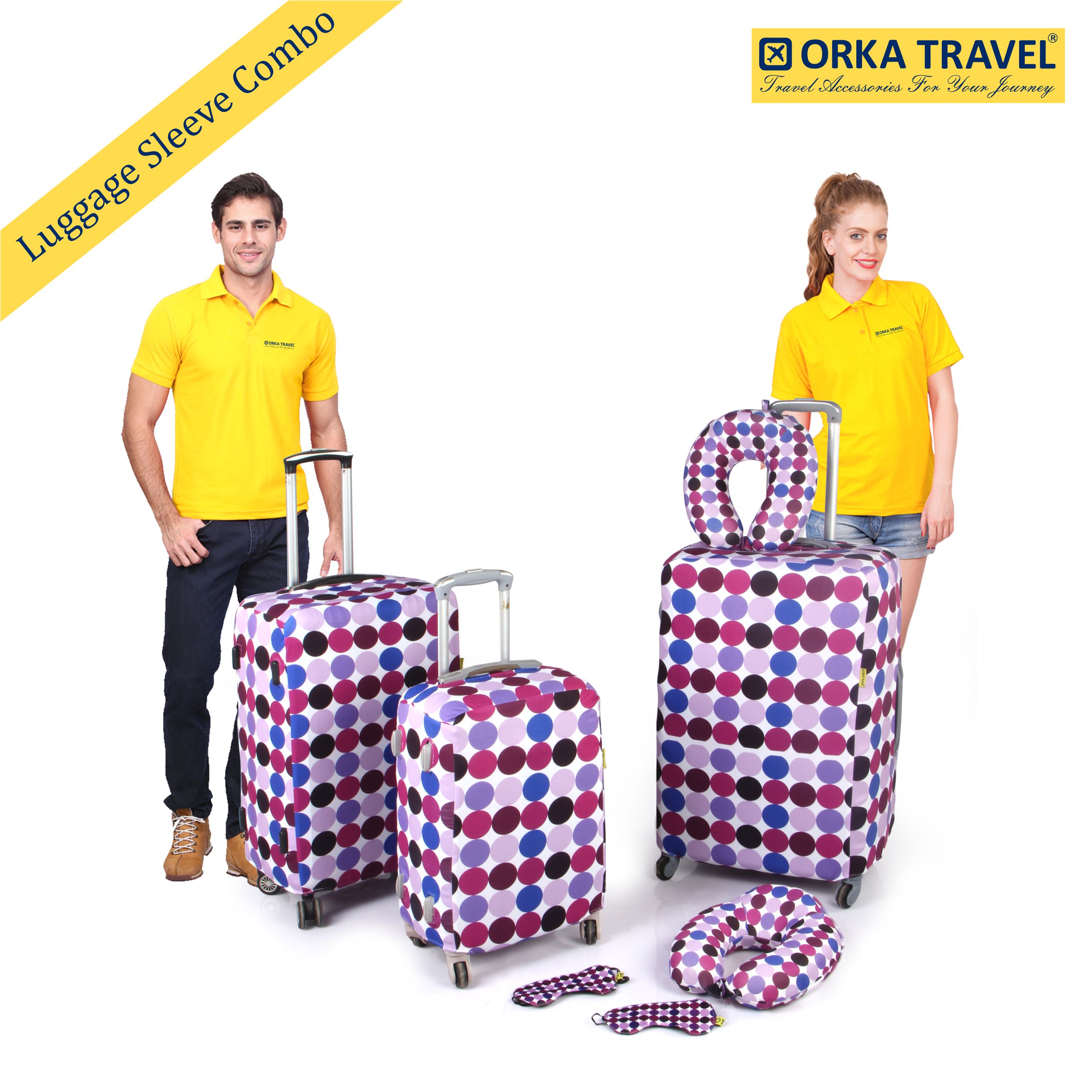 ORKA TRAVEL Couple Combo Luggage Sleeve 3 Sizes With 2 Memory Foam High Back U Neck & 2 Printed Eye Mask - Printed Polka Dotes