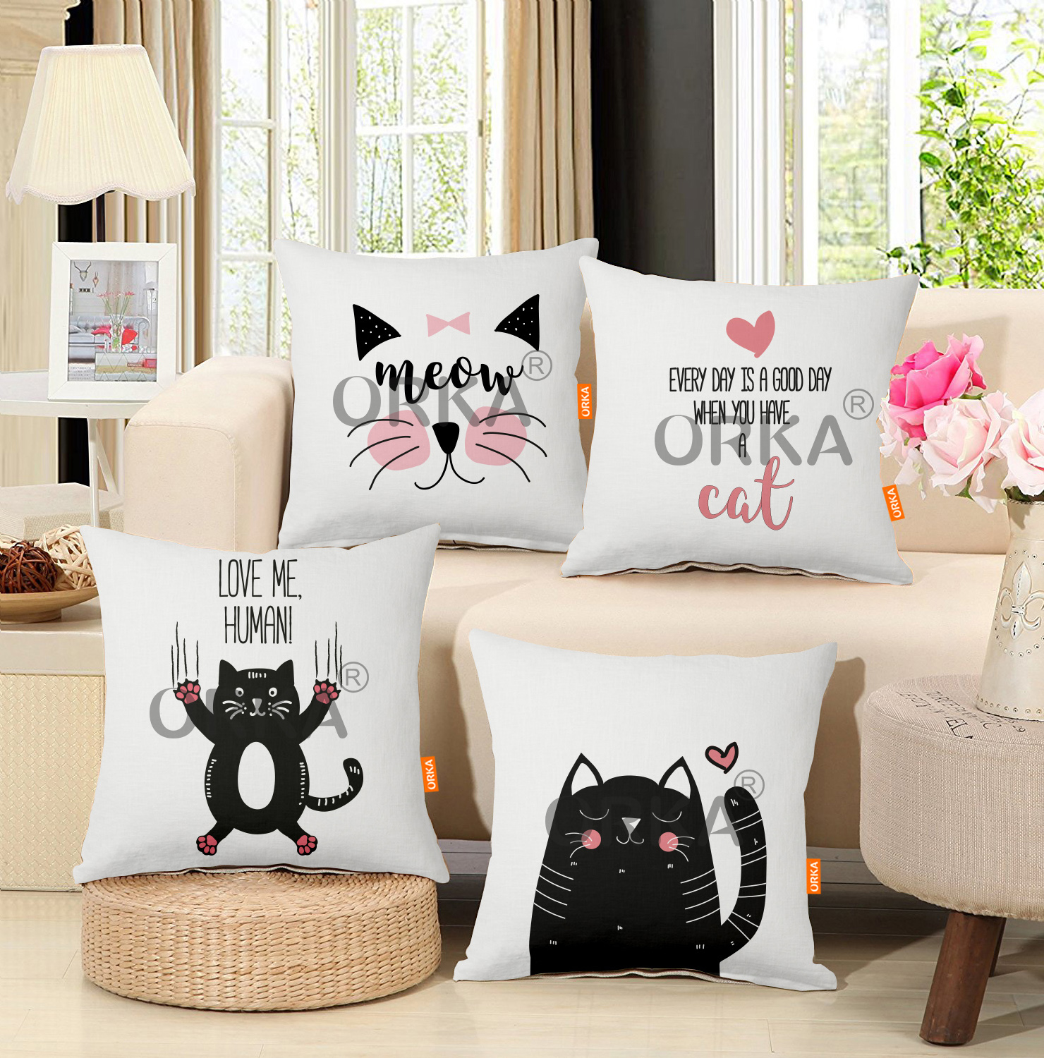 ORKA Set Of 4 Digital Printed Cushion Cat Printed  