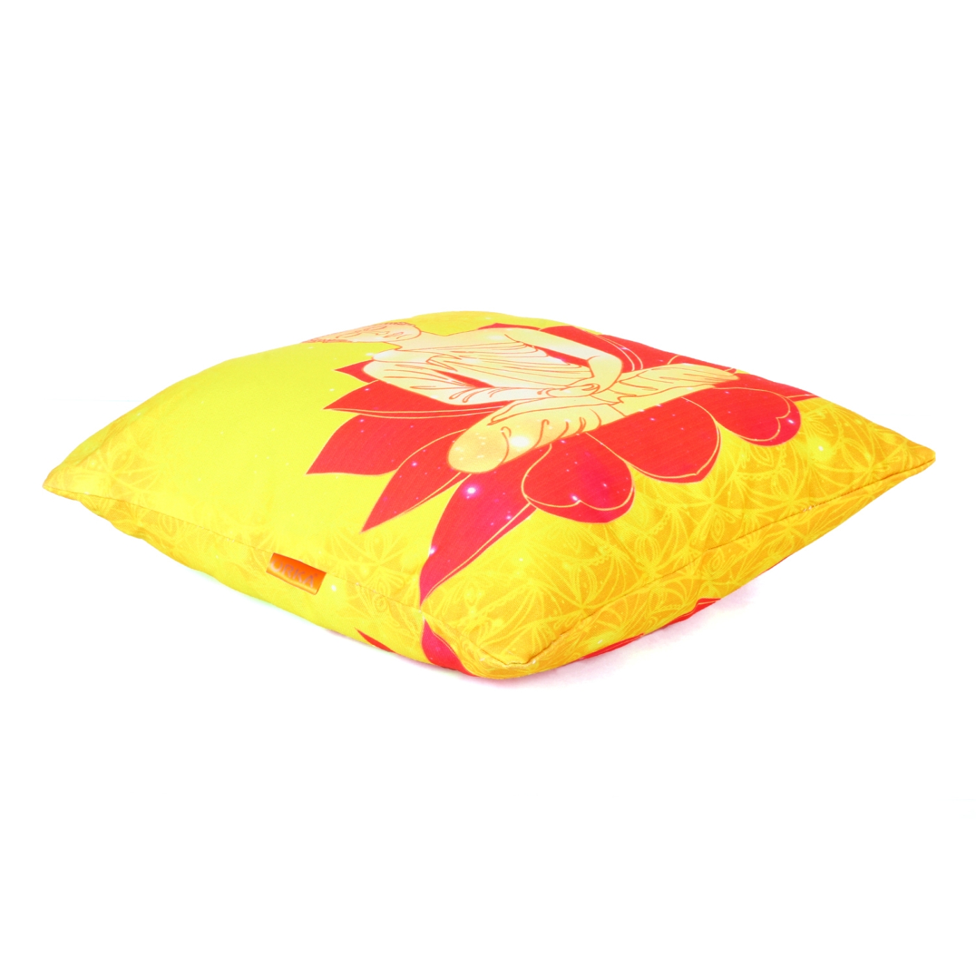 ORKA Gautam Buddha Digital Printed Canvas Filled With Polyfill Square Cushion 14 X 14 Inch (Yellow, Red)  