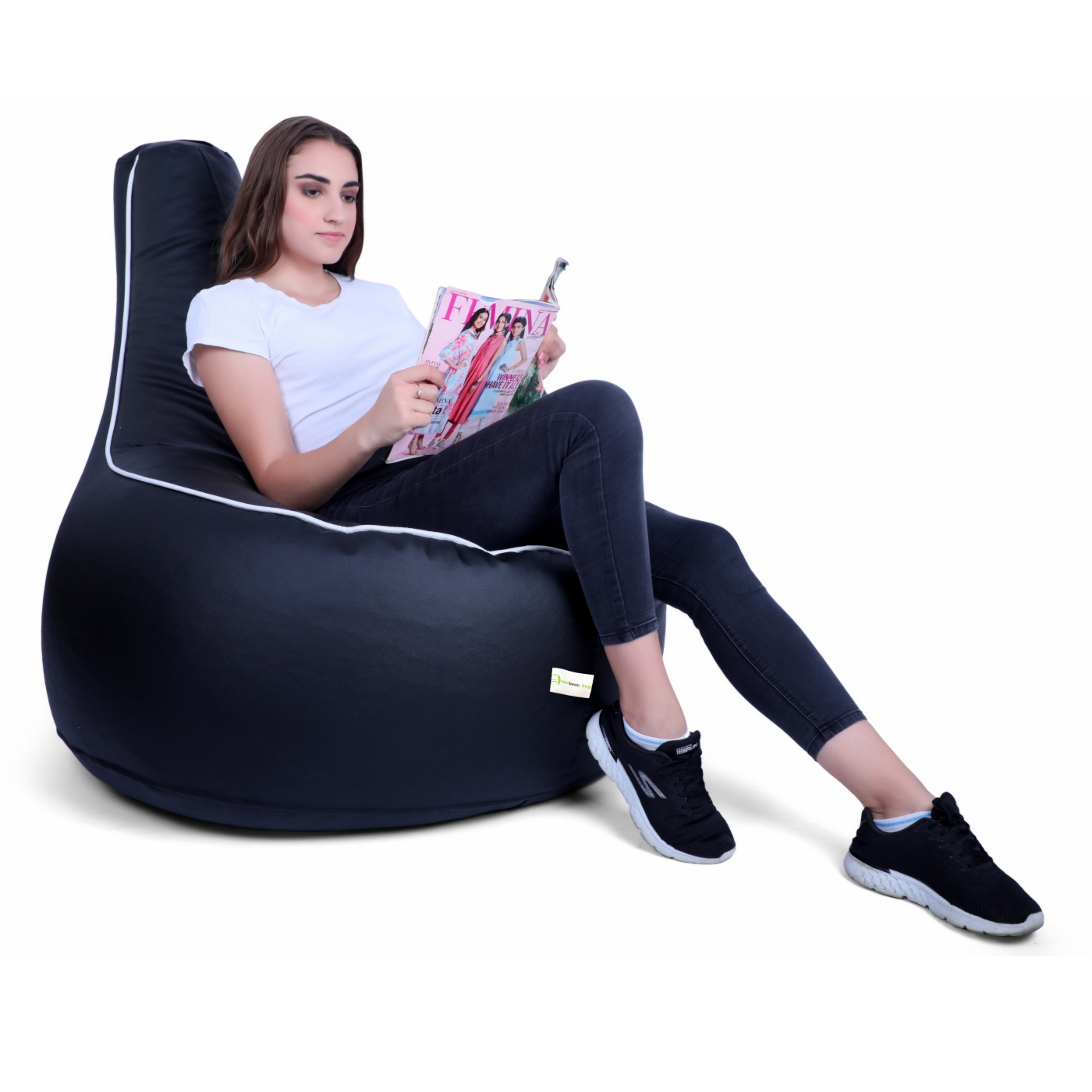 Can Bean Bags Teardrop Chair Black With White Piping  