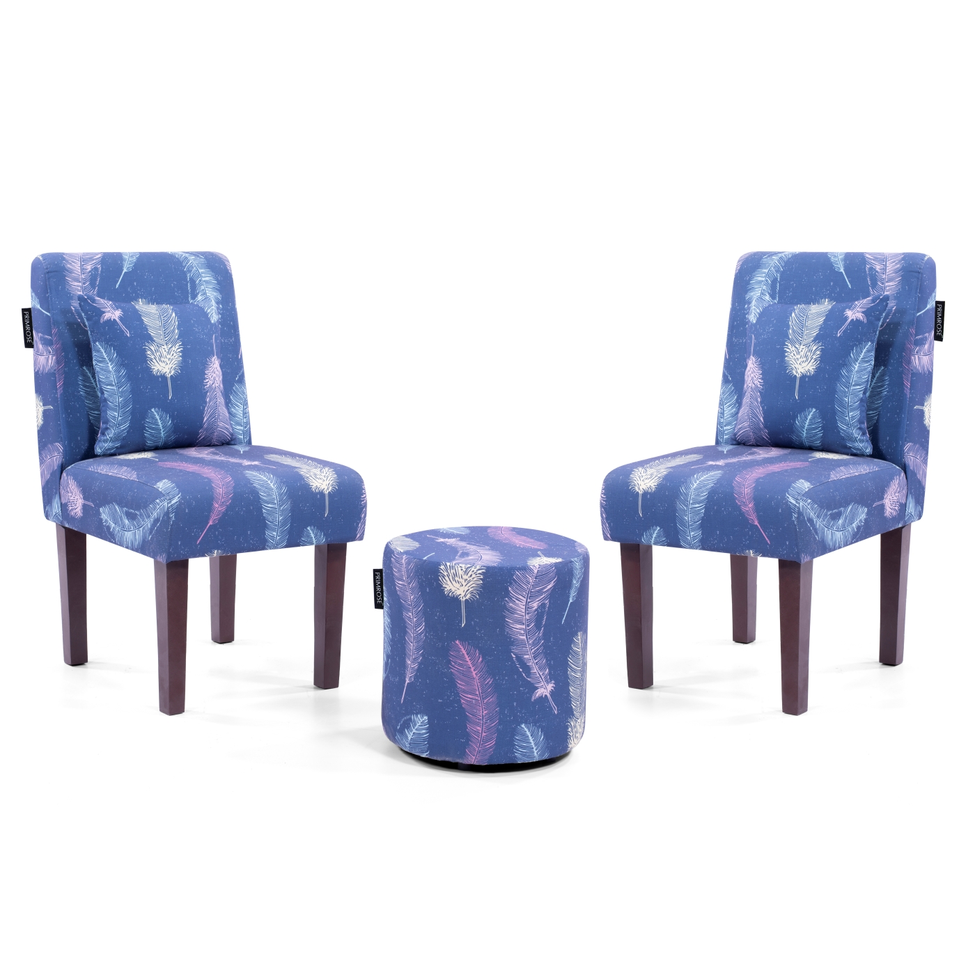 PRIMROSE Betty Dream Feature Digital Printed Faux Linen Fabric Dining Chair Combo (2 Chair+1 Ottoman) - Blue  