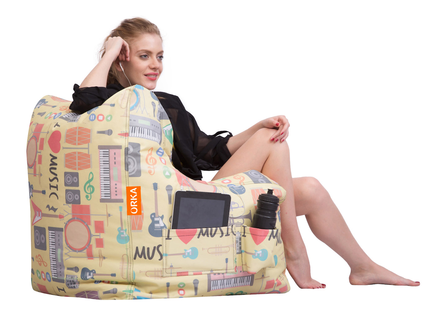 Orka Digital Printed Bean Bag Yellow Arm Chair Music Instruments Theme  