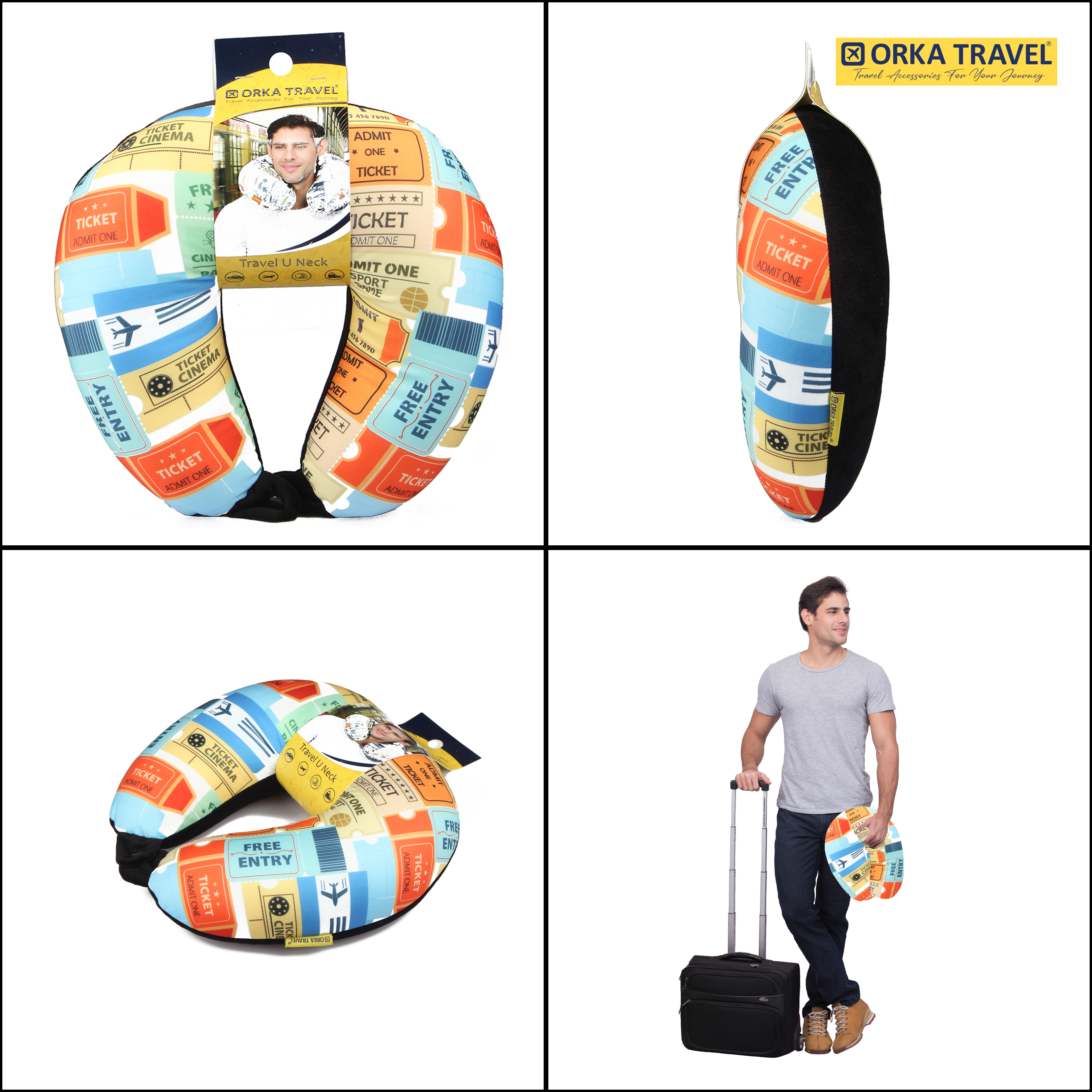 ORKA Travel Digital Printed Spandex With Micro Beads Travel U Neck Pillow Ticket  