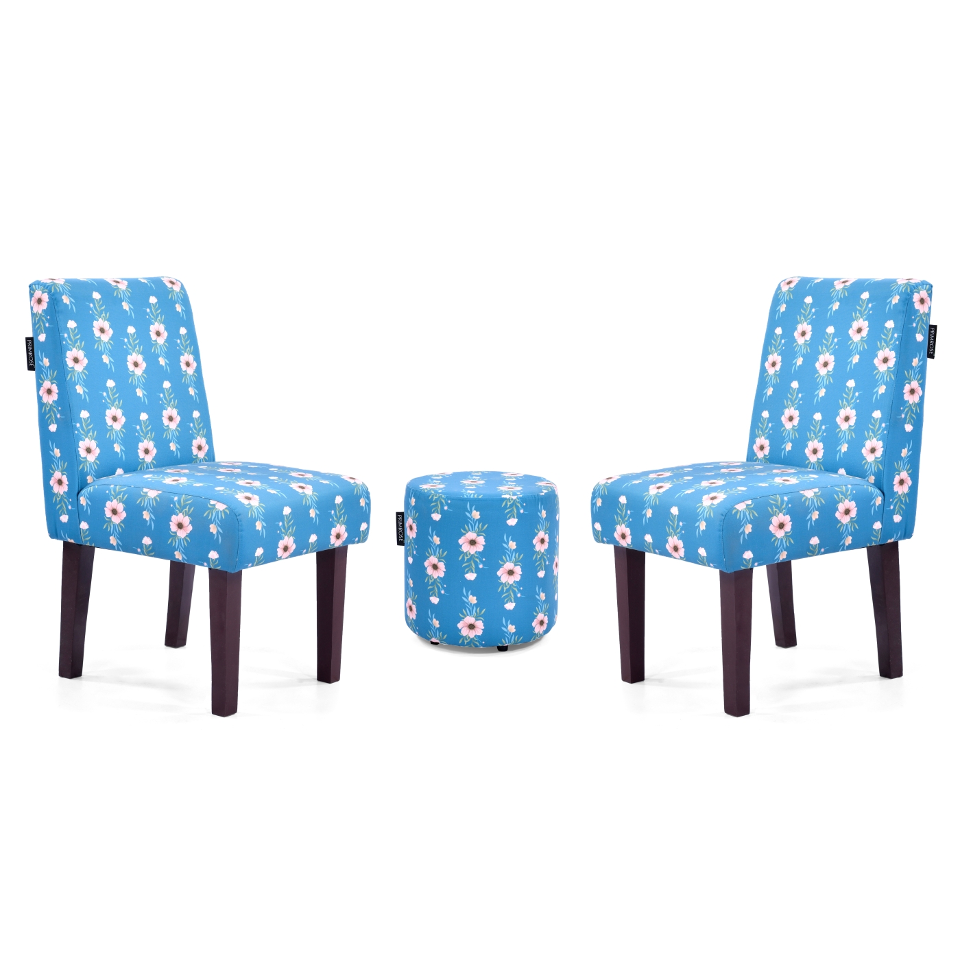 PRIMROSE Betty Ikigai Flower Digital Printed Faux Linen Fabric Dining Chair Combo (2 Chair+1 Ottoman) - Blue  