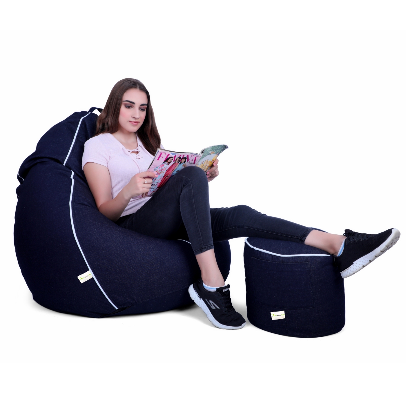 Can Bean Bags Denim Navy Blue With Footstool Piping Bean Bag  