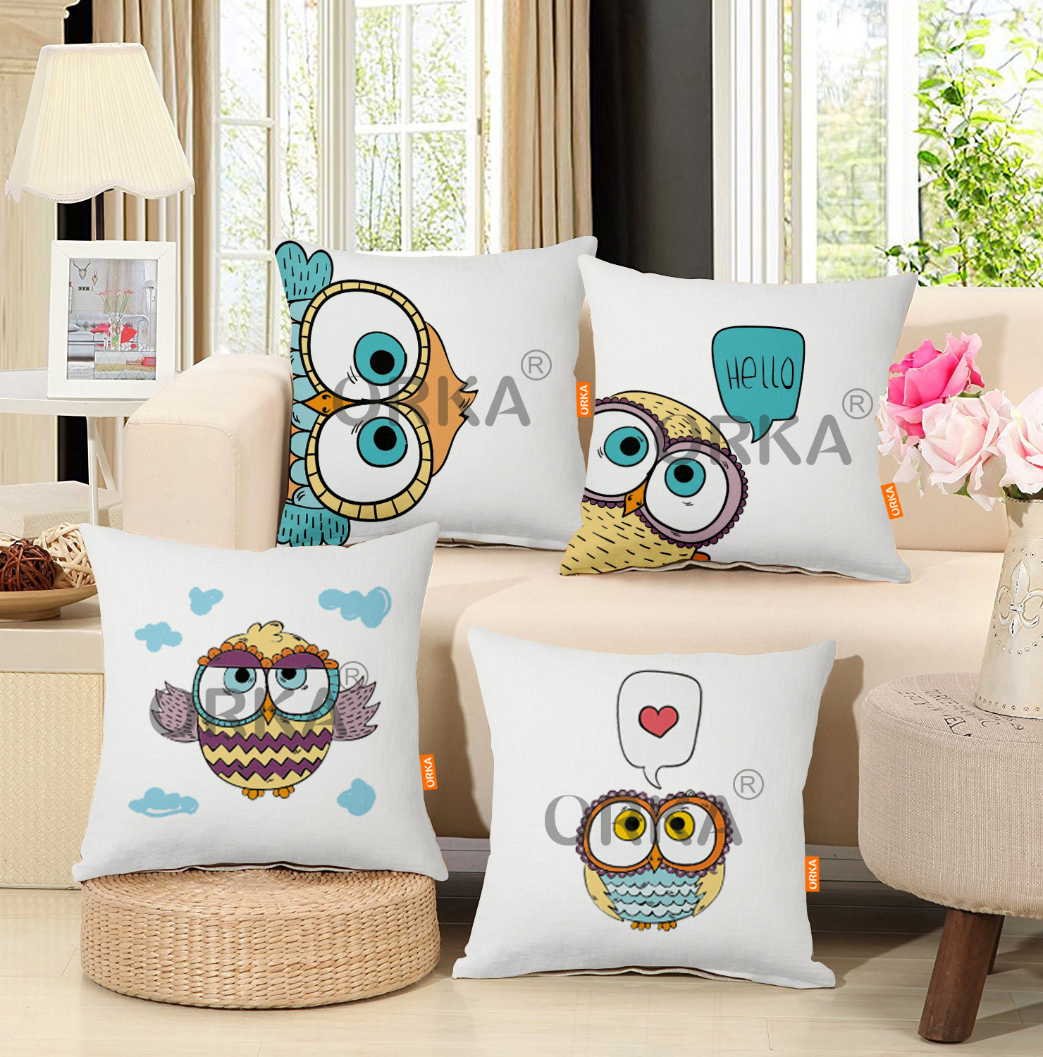 ORKA Set Of 4 Digital Printed Cushion Owl Printed  