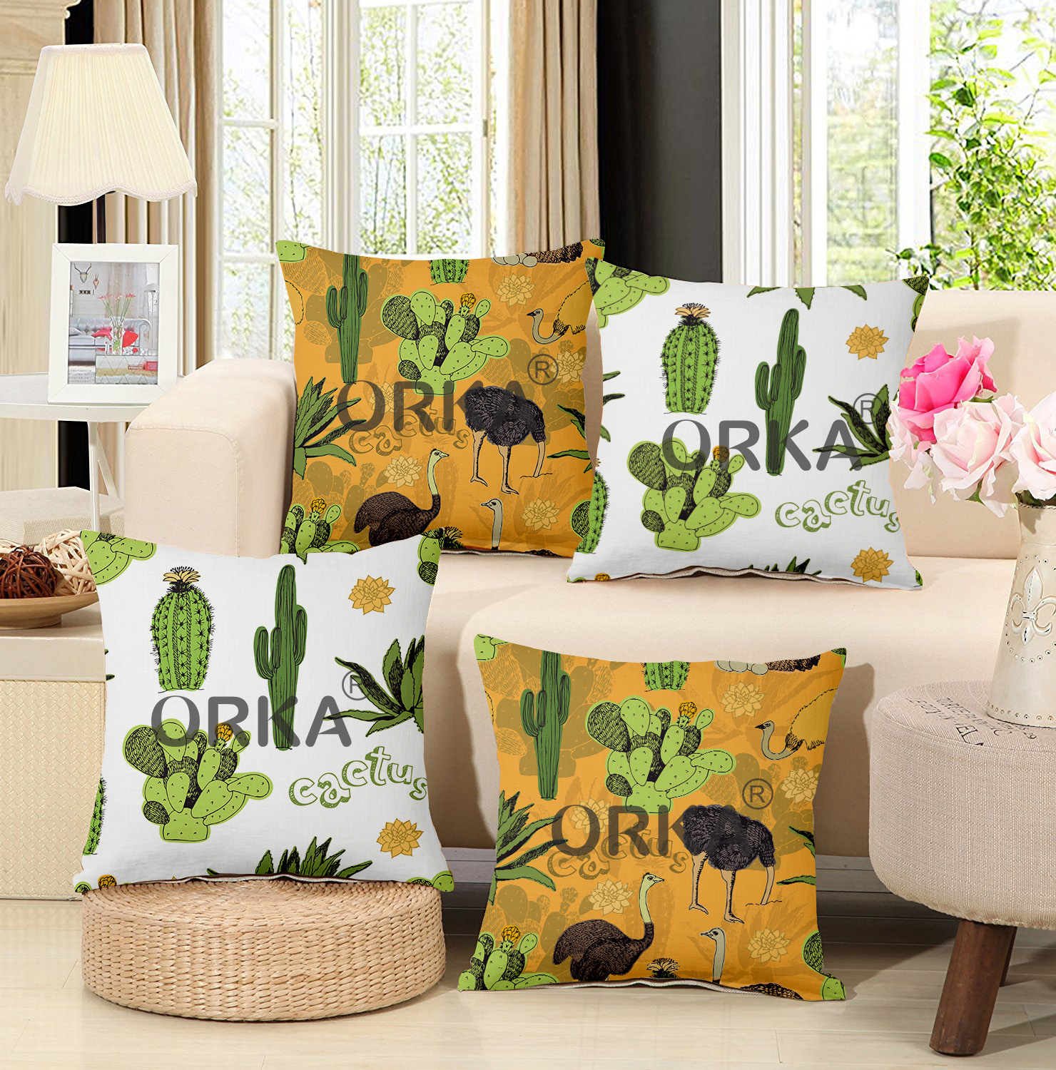 ORKA Set Of 4 Digital Printed Cushion Ostrich Printed  