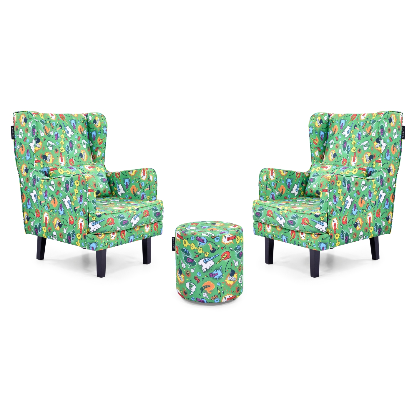 PRIMROSE Comic Boom Digital Printed Faux Linen Fabric High Back Wing Chair Combo (2 Chair+1 Ottoman) - Green  