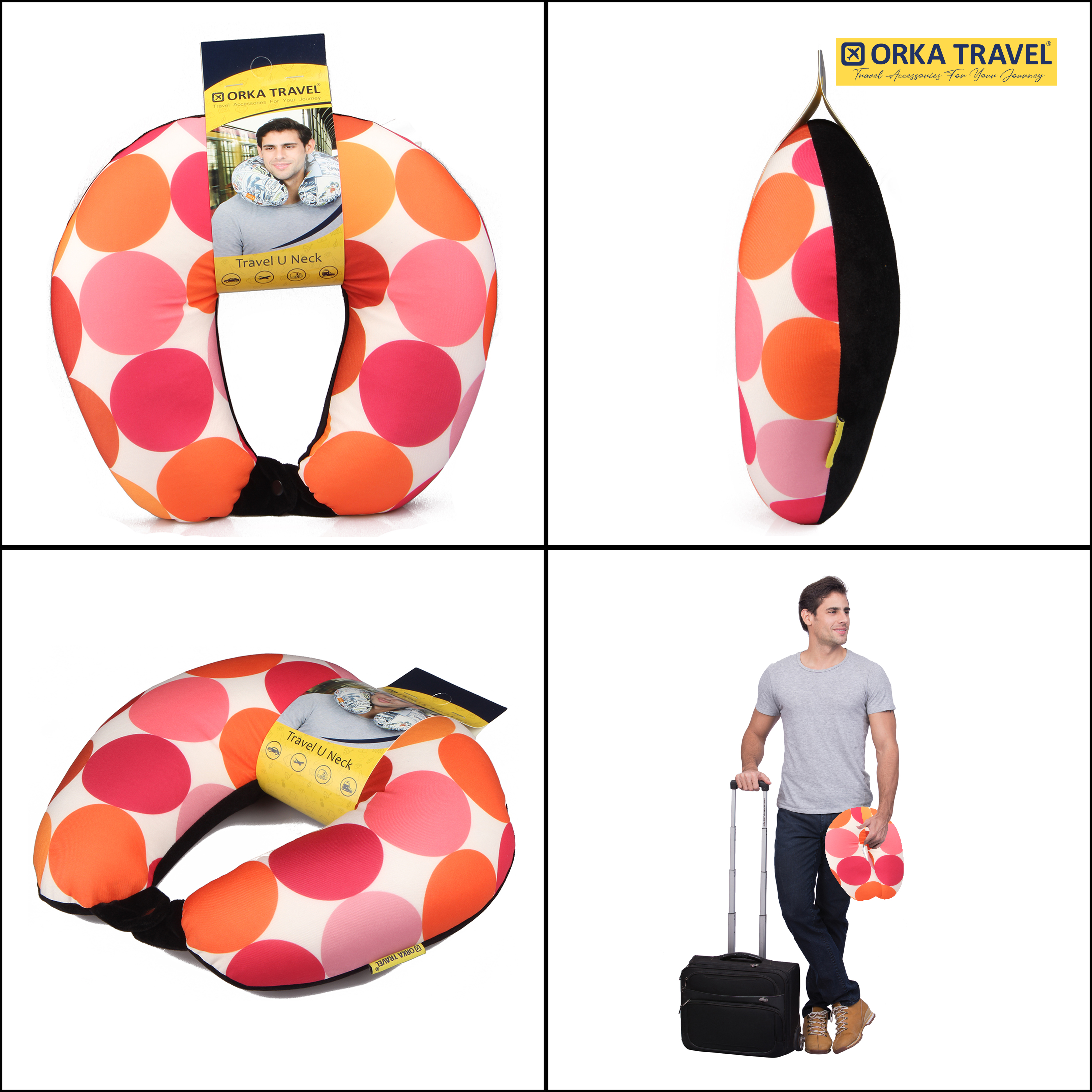 ORKA Travel Digital Printed Spandex With Micro Beads Travel U Neck Pillow Orange Dot  