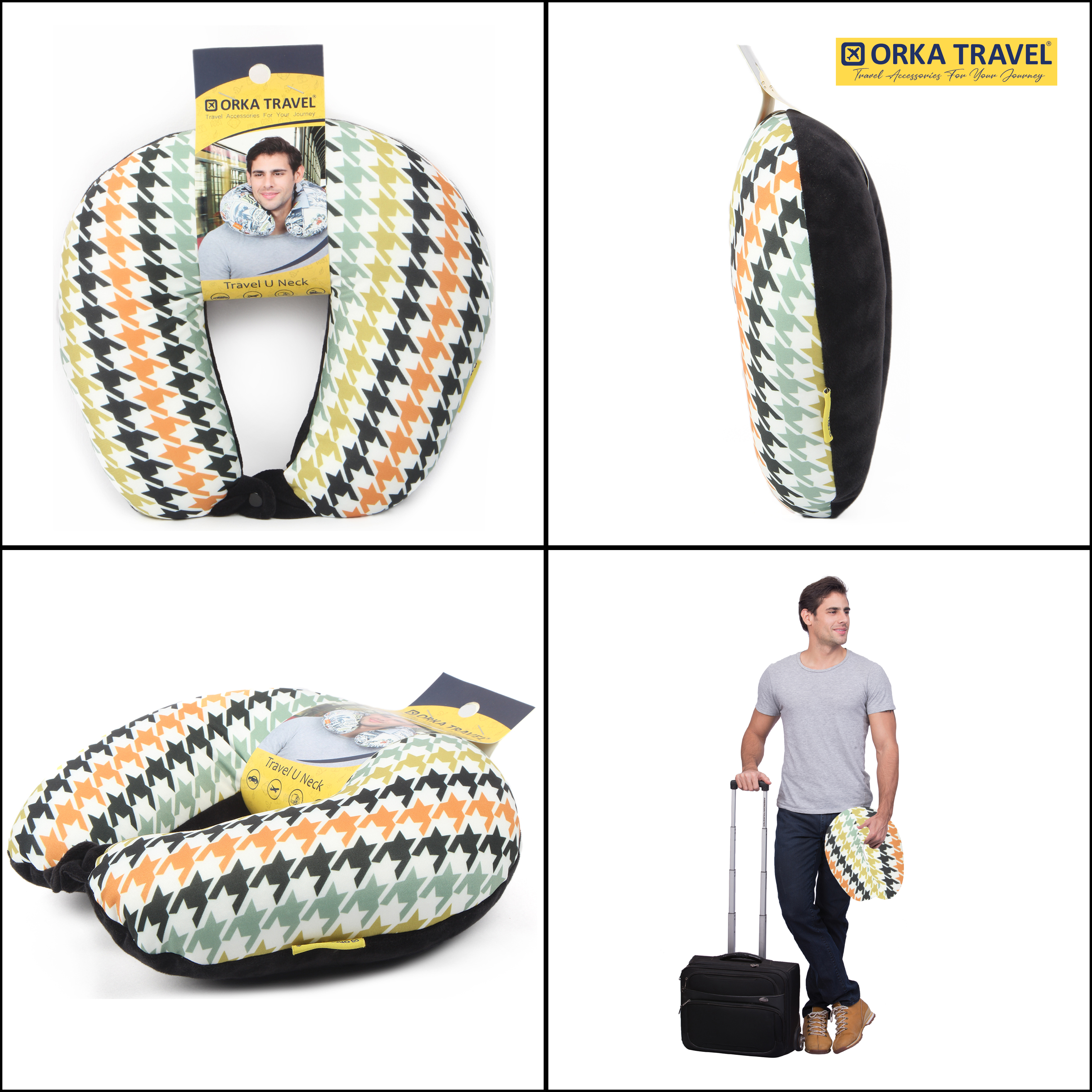 ORKA Travel Digital Printed Spandex With Micro Beads Travel U Neck Pillow Houndstooth  