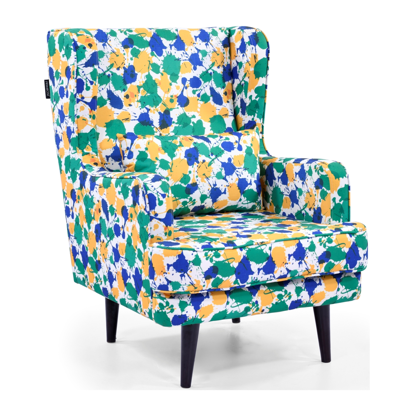 PRIMROSE Splash Flower Digital Printed  Faux Linen Fabric High Back Wing Chair - Green, Yellow  