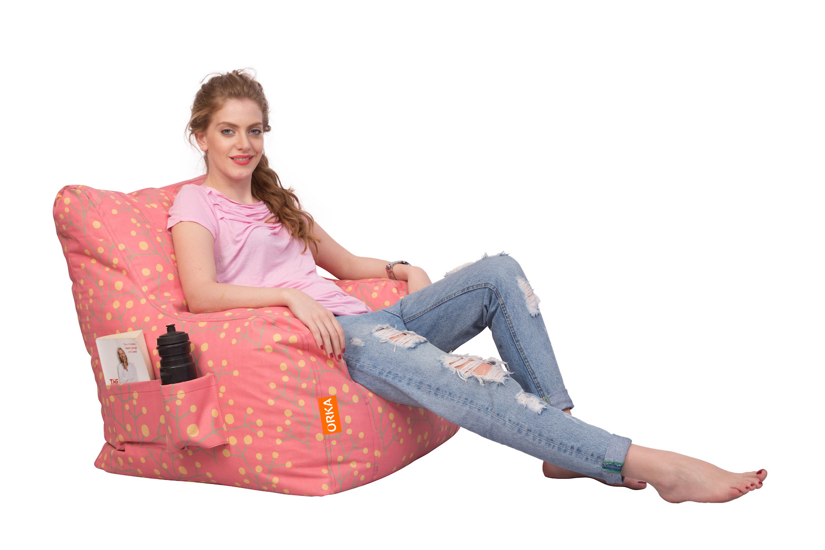 Orka Digital Printed Bean Bag Pink Arm Chair Floral Theme  