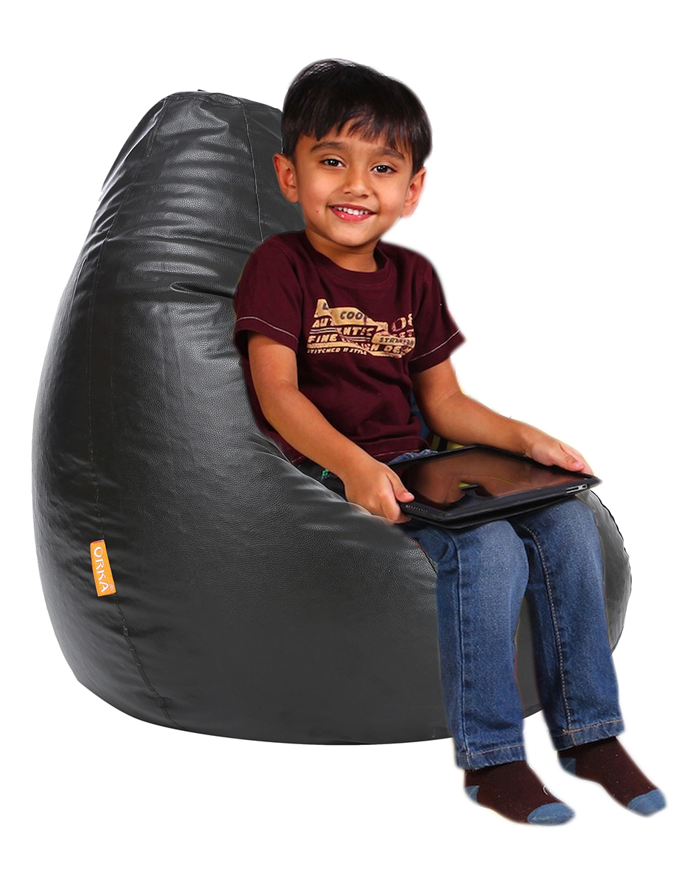 ORKA Classic Black Bean Bag With Matching Footstool Kids Bean Bag Cover ...