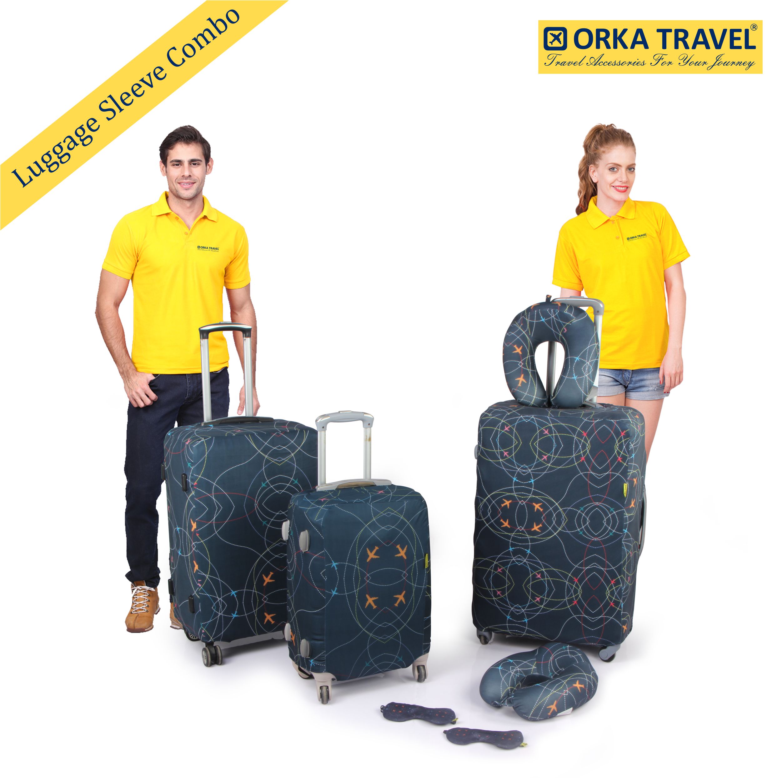 ORKA TRAVEL Couple Combo Luggage Sleeve 3 Sizes With 2 Memory Foam High Back U Neck & 2 Printed Eye Mask - Printed Planes 