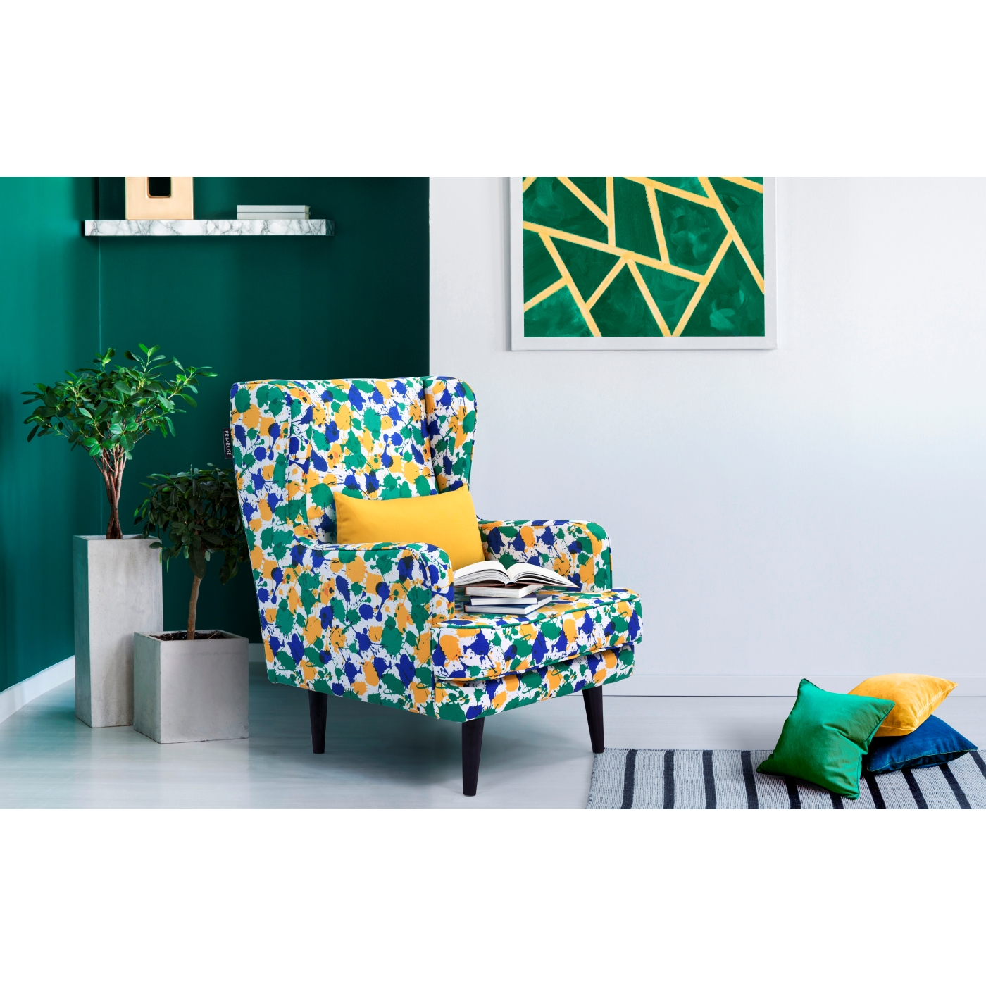 PRIMROSE Splash Flower Digital Printed Faux Linen Fabric High Back Wing Chair - Green, Yellow  
