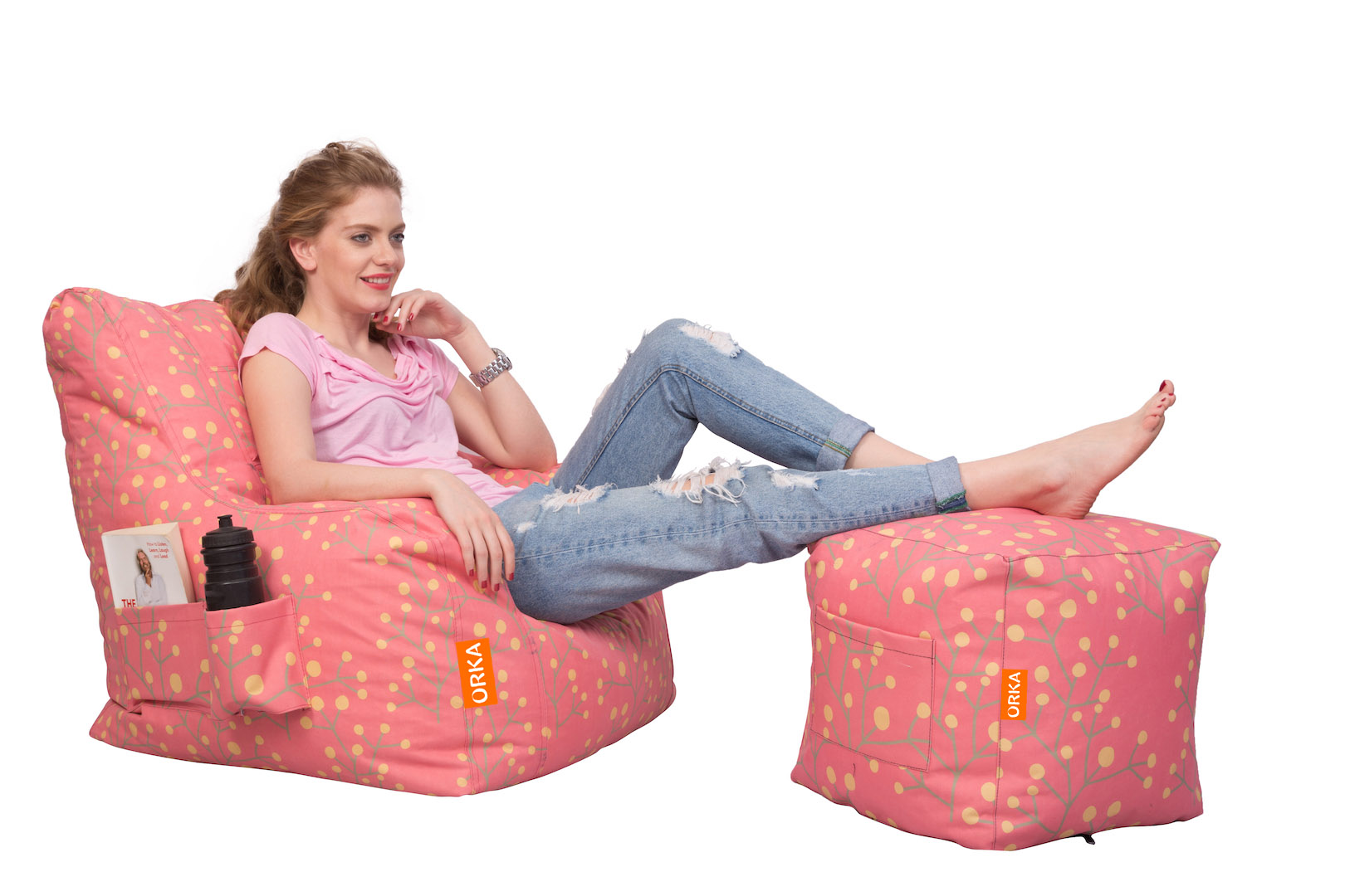 Orka Digital Printed Bean Bag Pink Arm Chair Floral Theme  