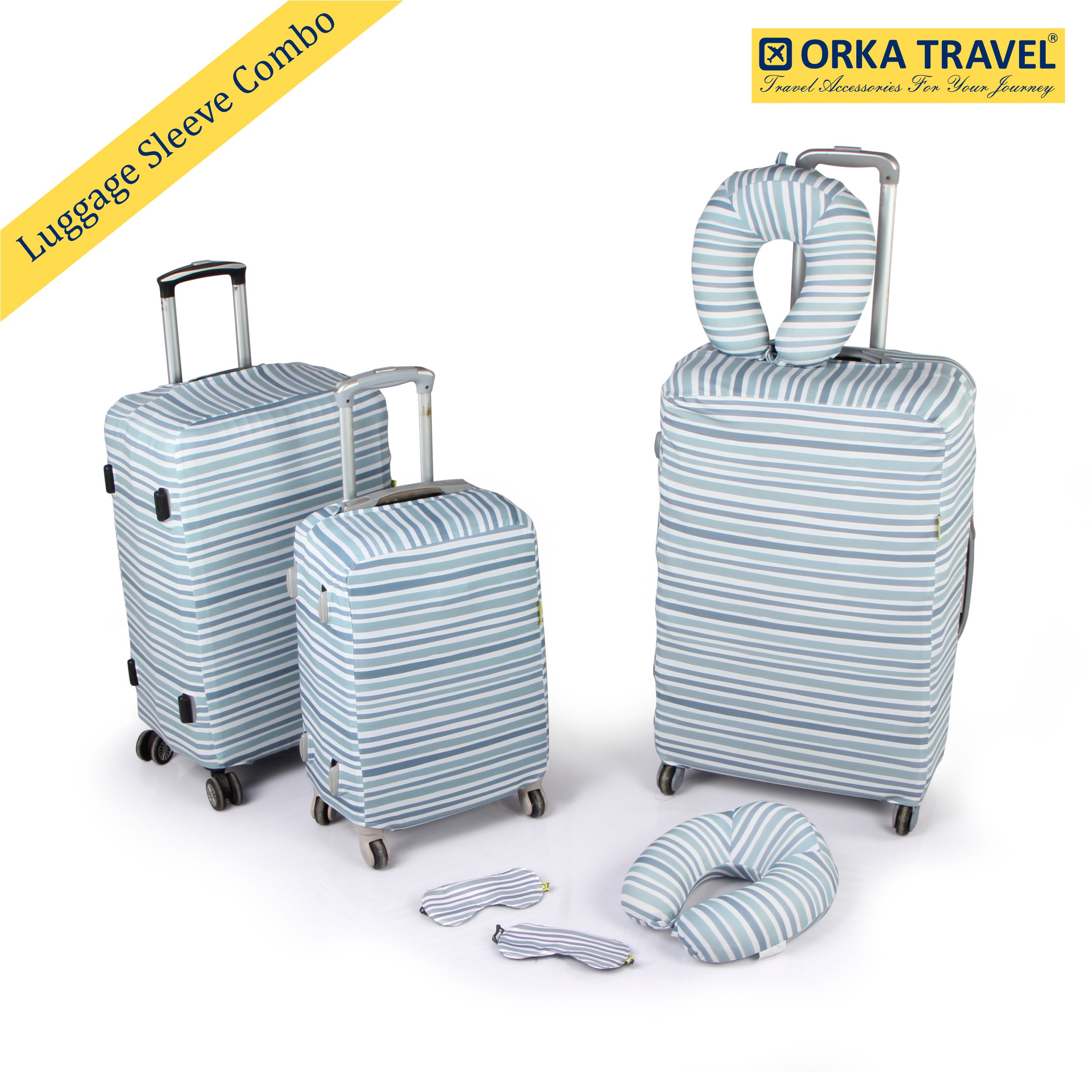 ORKA TRAVEL Couple Combo Luggage Sleeve 3 Sizes With 2 Memory Foam High Back U Neck & 2 Printed Eye Mask - Printed Linear 
