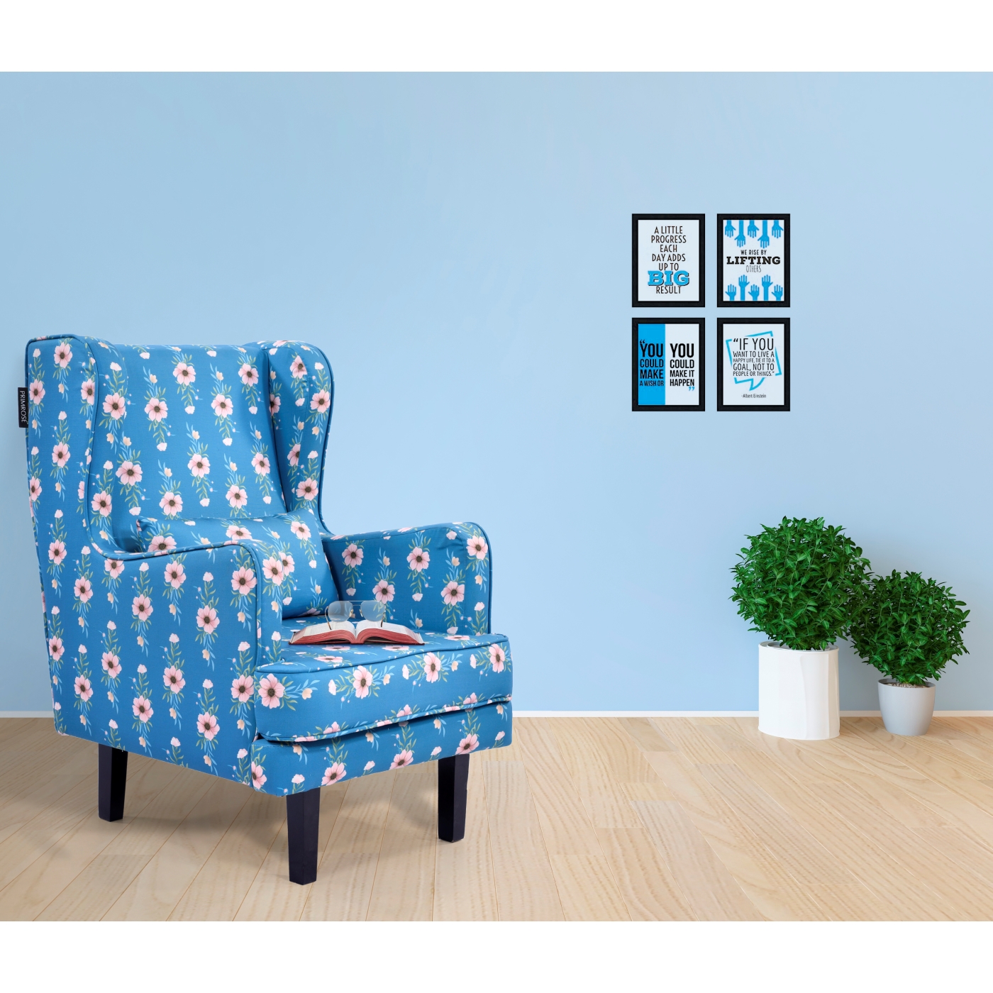 PRIMROSE Ikigai Flower Digital Printed Faux Linen Fabric High Back Wing Chair Combo (2 Chair+1 Ottoman) - Blue  