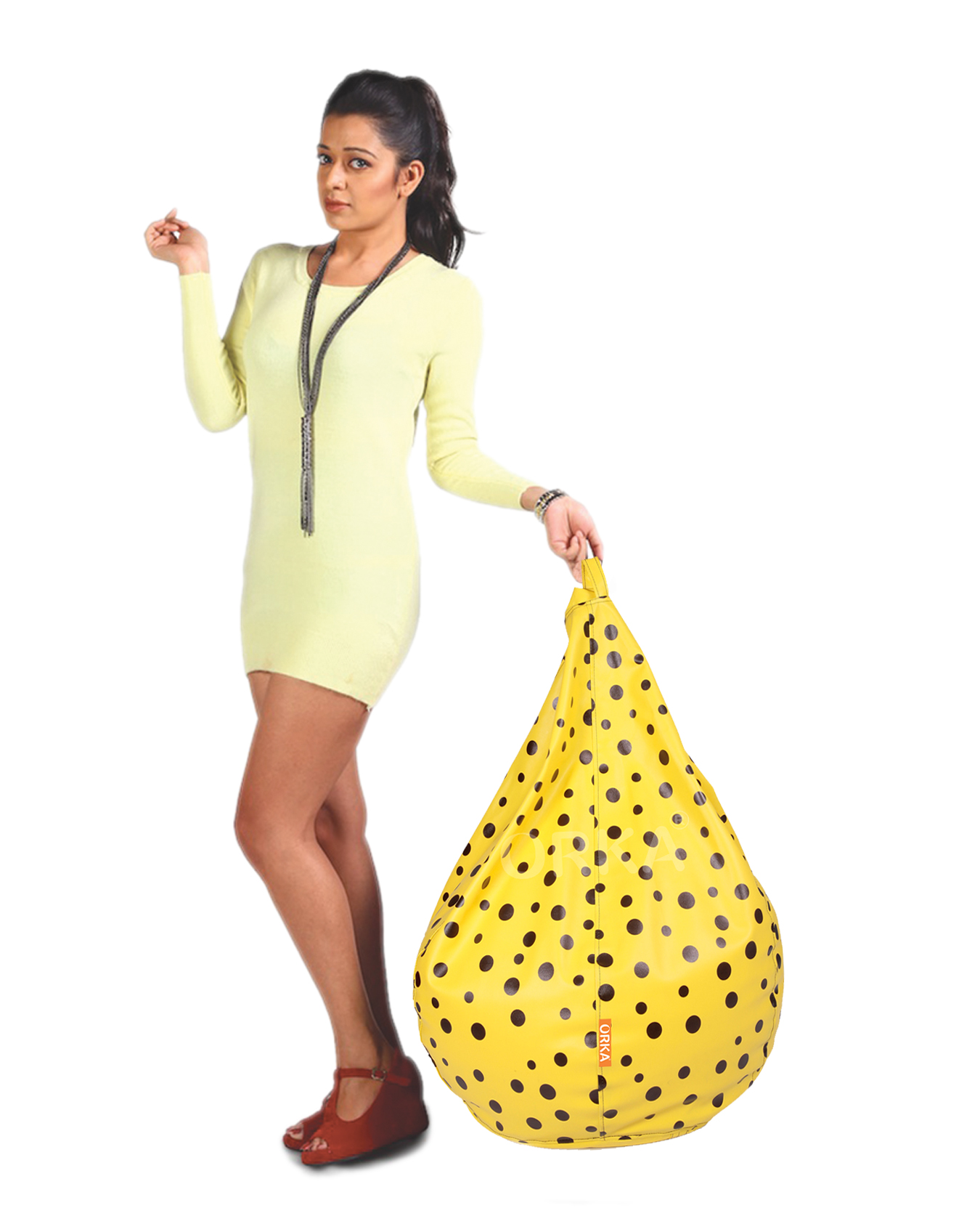 Orka Digital Printed Yellow Bean Bag Polka Dots Theme  